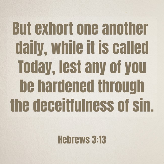  But exhort one another daily, while it is called Today, lest any of you be hardened through the deceitfulness of sin.   - Hebrews 3:13 