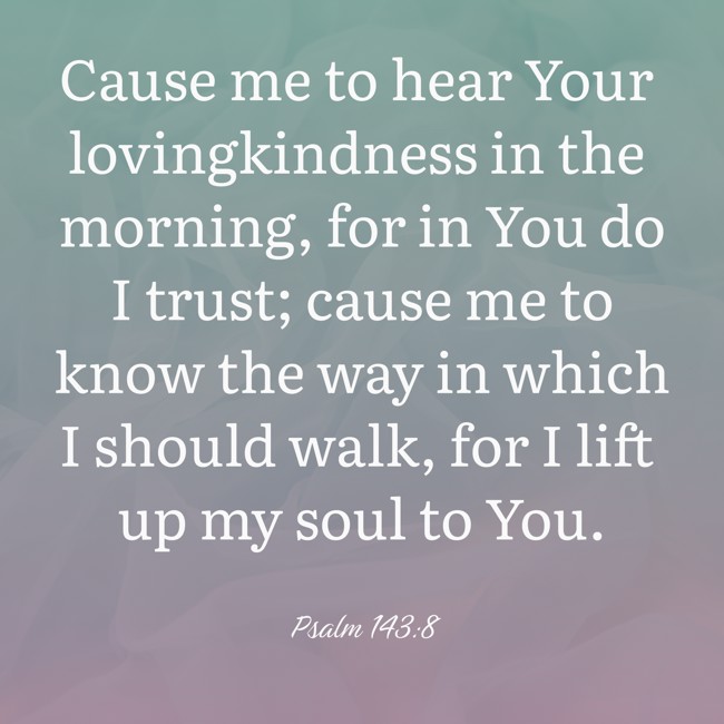  Cause me to hear Your lovingkindness in the morning, for in You do I trust; cause me to know the way in which I should walk, for I lift up my soul to You. - Psalm 143:8 