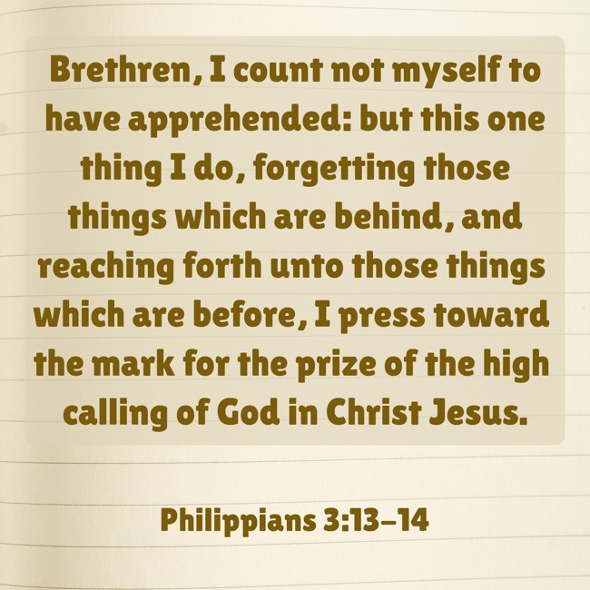  Brethren, I count not myself to have apprehended: but this one thing I do, forgetting those things which are behind, and reaching forth unto those things which are before, I press toward the mark for the prize of the high calling of God in Christ Jesus.   - Philippians 3:13-14 