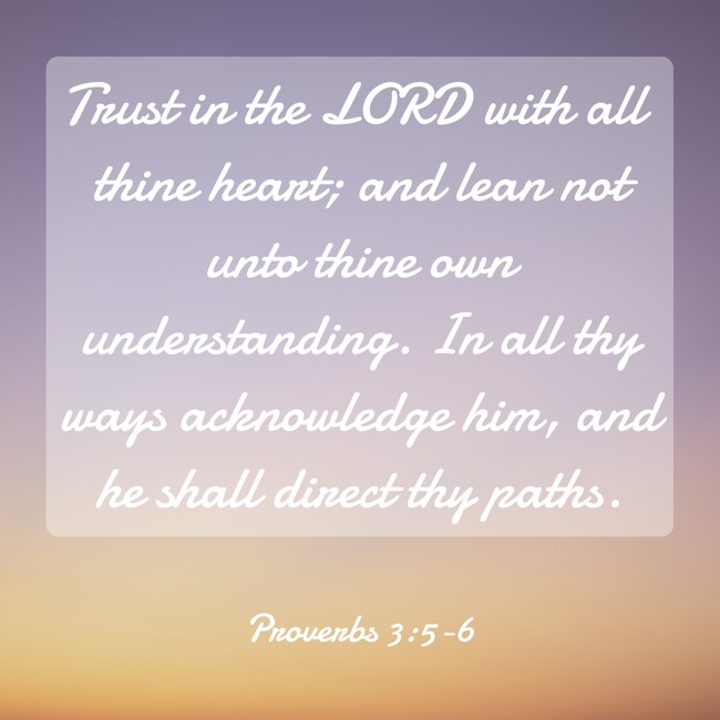  Trust in the LORD with all thine heart; and lean not unto thine own understanding. In all thy ways acknowledge him, and he shall direct thy paths.   - Proverbs 3:5-6 
