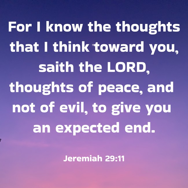  For I know the thoughts that I think toward you, saith the LORD, thoughts of peace, and not of evil, to give you an expected end.   - Jeremiah 29:11 