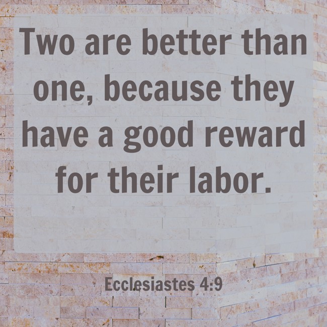 Two are better than one, because they have a good reward for their labor. - Ecclesiastes 4:9