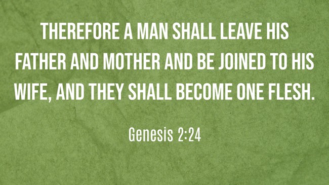 Therefore a man shall leave his father and mother and be joined to his wife, and they shall become one flesh. - Genesis 2:24