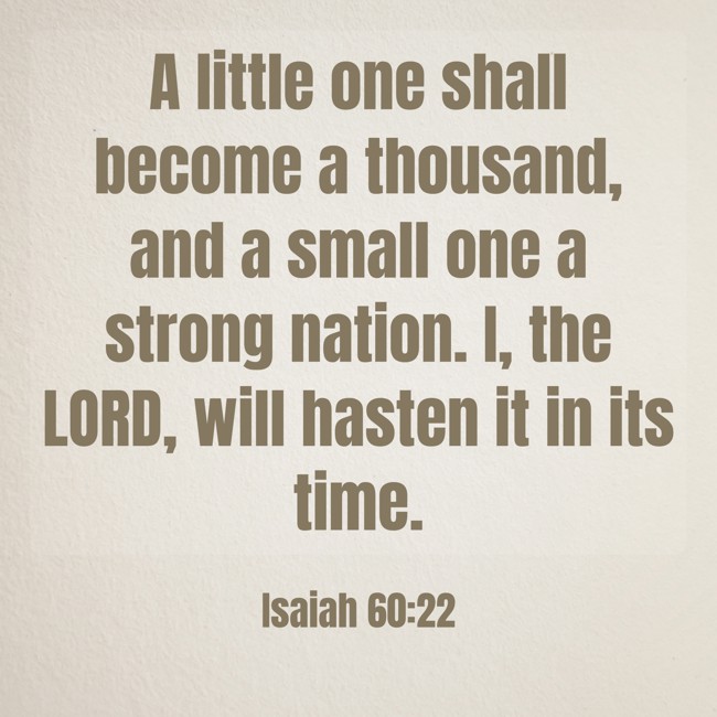 A little one shall become a thousand, and a small one a strong nation. I, the LORD, will hasten it in its time. - Isaiah 60:22