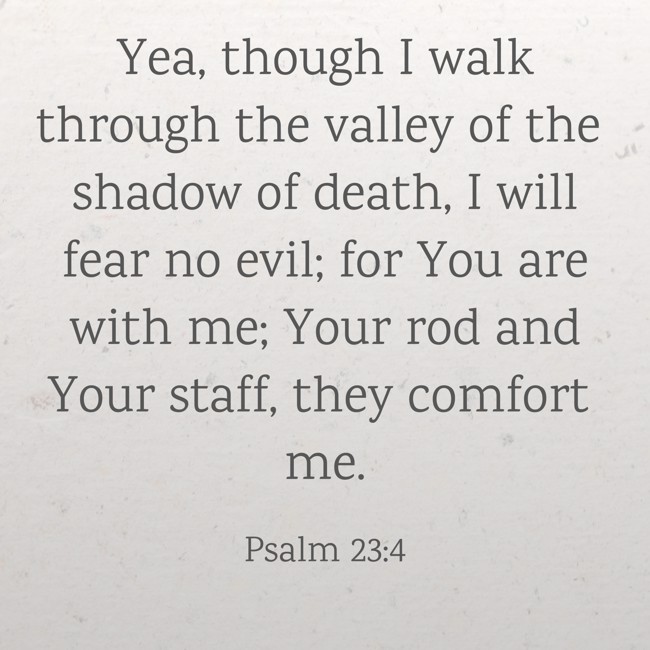 Yea, though I walk through the valley of the shadow of death, I will fear no evil; for You are with me; Your rod and Your staff, they comfort me. - Psalm 23:4