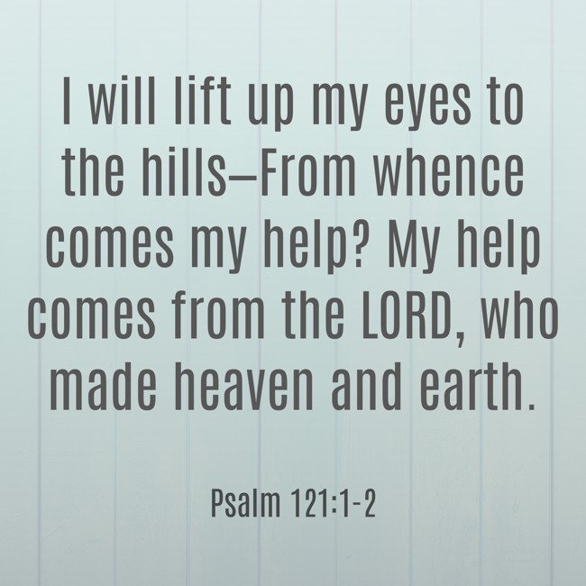I will lift up my eyes to the hills—From whence comes my help? My help comes from the LORD, who made heaven and earth. - Psalm 121:1-2