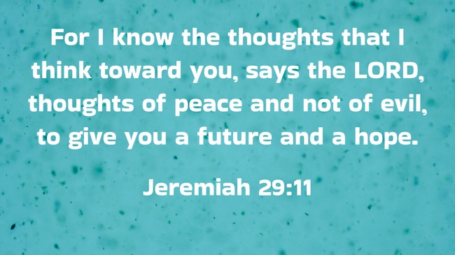 For I know the thoughts that I think toward you, says the LORD, thoughts of peace and not of evil, to give you a future and a hope. - Jeremiah 29:11