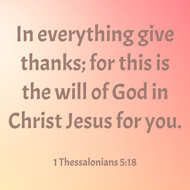 In everything give thanks; for this is the will of God in Christ Jesus for you. - 1 Thessalonians 5:18