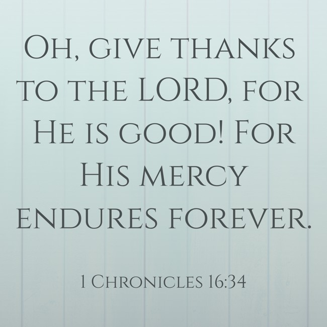 Oh, give thanks to the LORD, for He is good! For His mercy endures forever. - 1 Chronicles 16:34