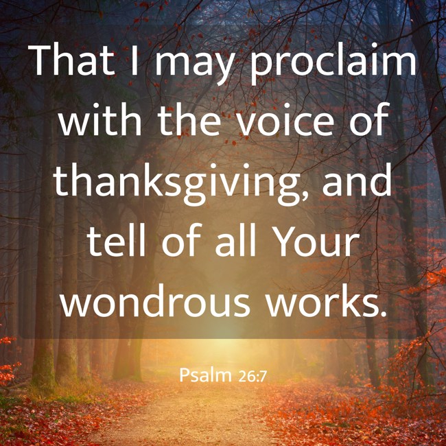 That I may proclaim with the voice of thanksgiving, and tell of all Your wondrous works. - Psalm 26:7