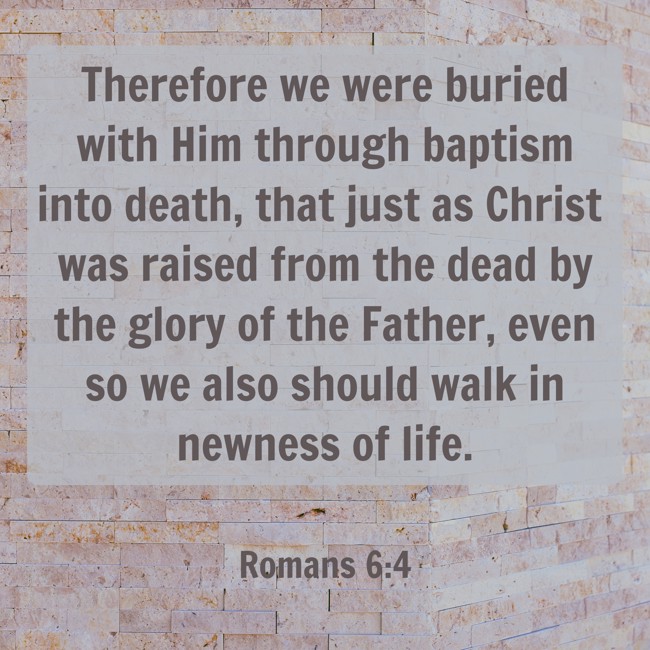 Therefore we were buried with Him through baptism into death, that just as Christ was raised from the dead by the glory of the Father, even so we also should walk in newness of life. - Romans 6:4