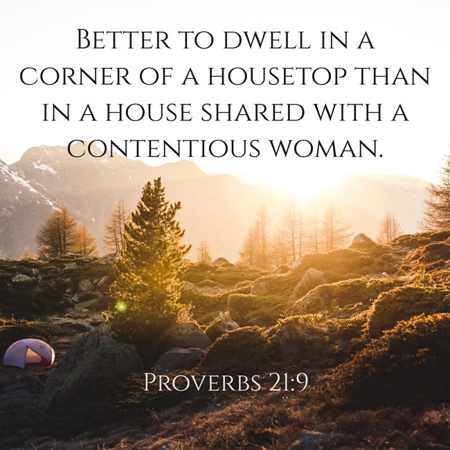 Better to dwell in a corner of a housetop than in a house shared with a contentious woman. - Proverbs 21:9
