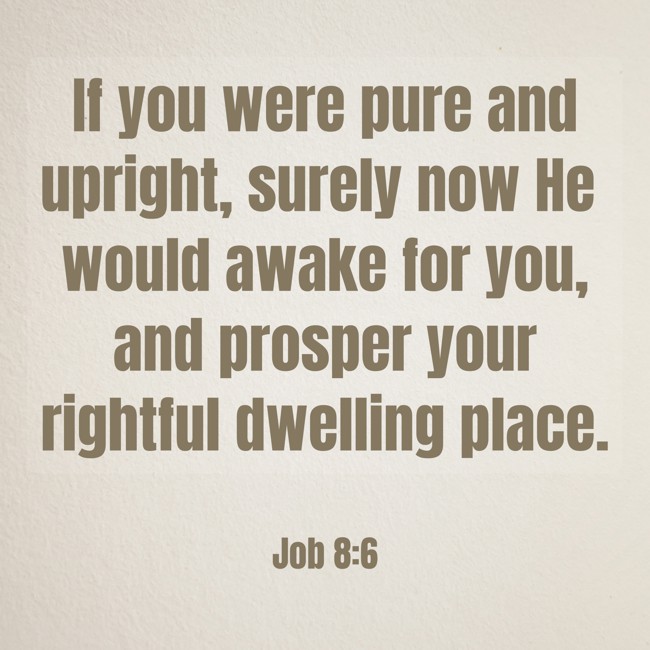 If you were pure and upright, surely now He would awake for you, and prosper your rightful dwelling place. - Job 8:6
