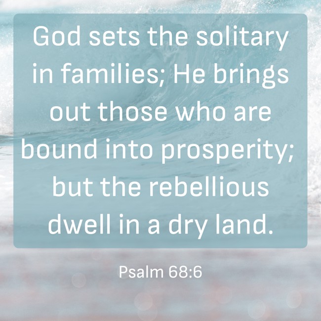 God sets the solitary in families; He brings out those who are bound into prosperity; but the rebellious dwell in a dry land. - Psalm 68:6