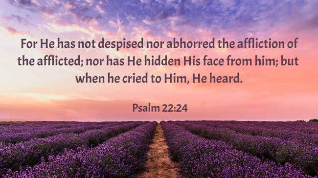 For He has not despised nor abhorred the affliction of the afflicted; nor has He hidden His face from him; but when he cried to Him, He heard. - Psalm 22:24