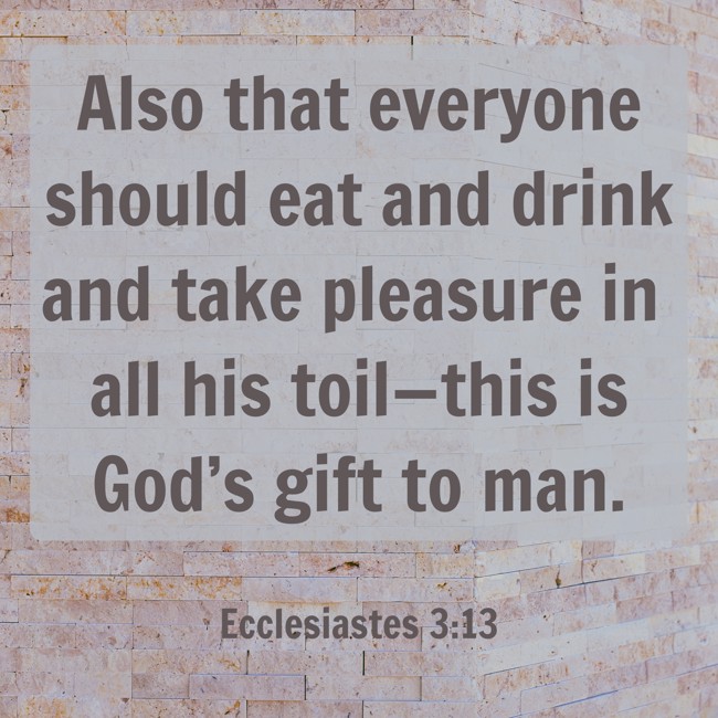 Also that everyone should eat and drink and take pleasure in all his toil—this is God’s gift to man. - Ecclesiastes 3:13