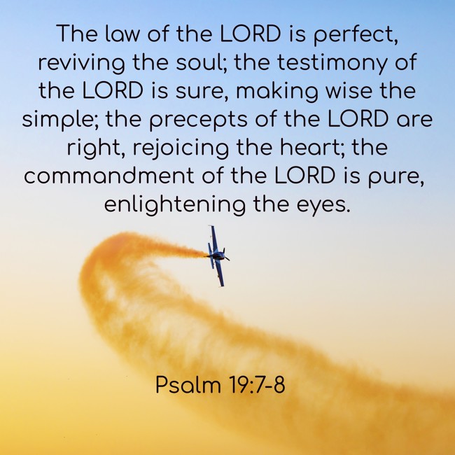 The law of the LORD is perfect, reviving the soul; the testimony of the LORD is sure, making wise the simple; the precepts of the LORD are right, rejoicing the heart; the commandment of the LORD is pure, enlightening the eyes. - Psalm 19:7-8