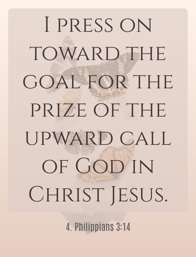I press on toward the goal for the prize of the upward call of God in Christ Jesus. - 4. Philippians 3:14