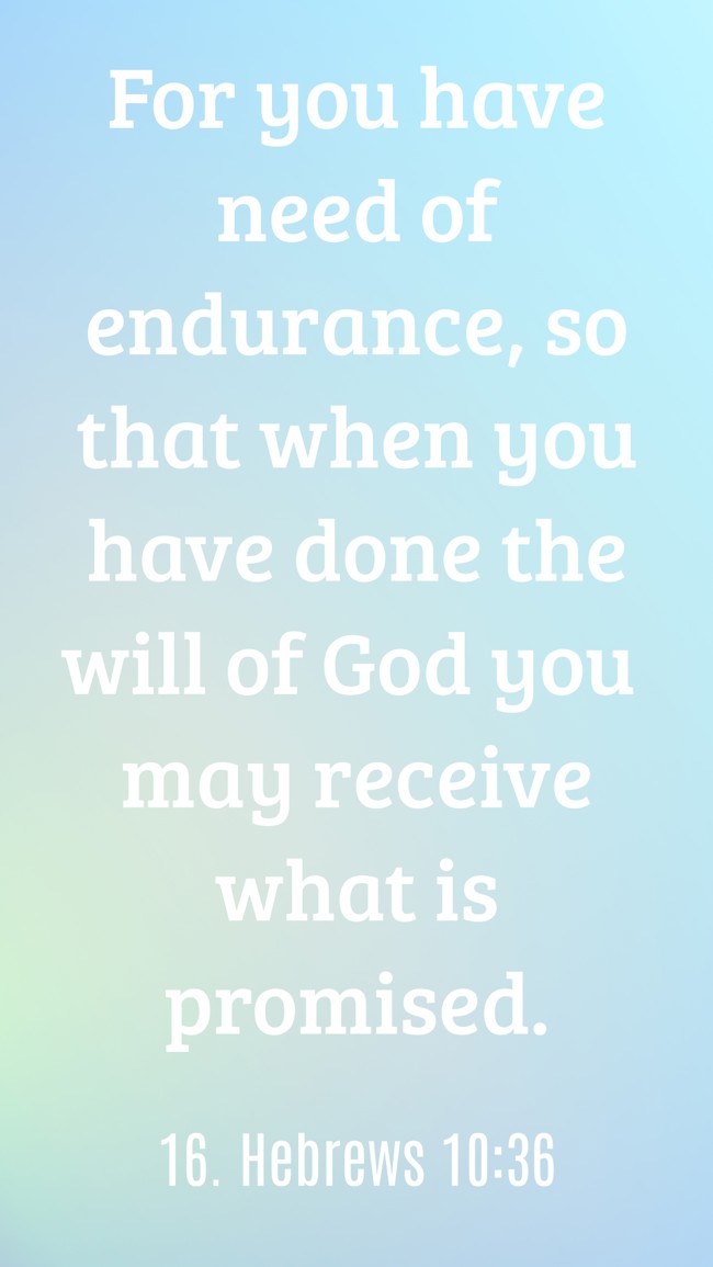 For you have need of endurance, so that when you have done the will of God you may receive what is promised. - 16. Hebrews 10:36