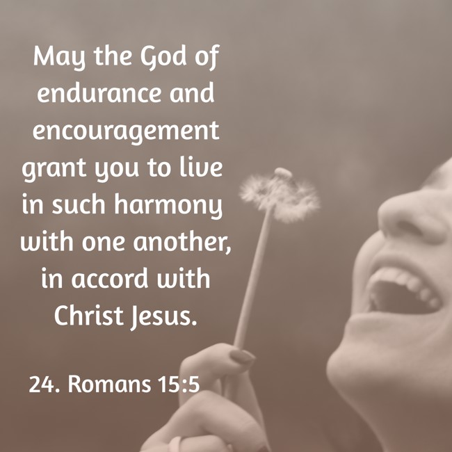May the God of endurance and encouragement grant you to live in such harmony with one another, in accord with Christ Jesus. - 24. Romans 15:5