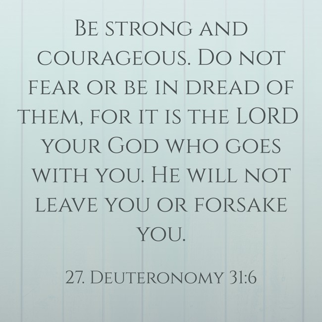 Be strong and courageous. Do not fear or be in dread of them, for it is the LORD your God who goes with you. He will not leave you or forsake you. - 27. Deuteronomy 31:6