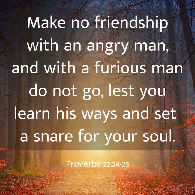 Make no friendship with an angry man, and with a furious man do not go, lest you learn his ways and set a snare for your soul. - Proverbs 22:24-25