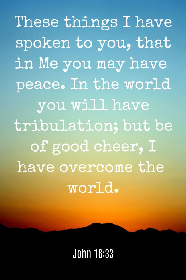 These things I have spoken to you, that in Me you may have peace. In the world you will have tribulation; but be of good cheer, I have overcome the world. - John 16:33