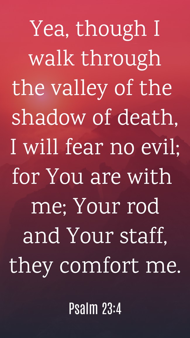 Yea, though I walk through the valley of the shadow of death, I will fear no evil; for You are with me; Your rod and Your staff, they comfort me. - Psalm 23:4
