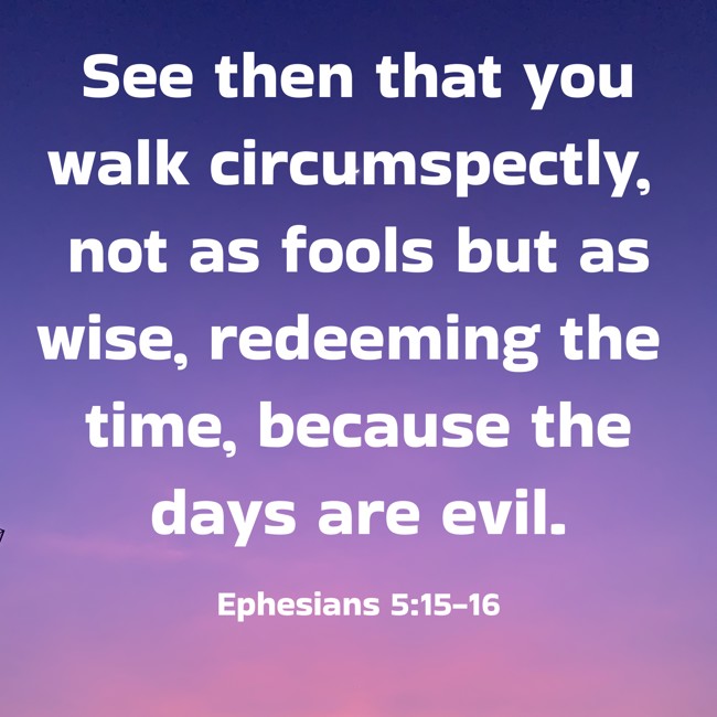 See then that you walk circumspectly, not as fools but as wise, redeeming the time, because the days are evil. - Ephesians 5:15-16