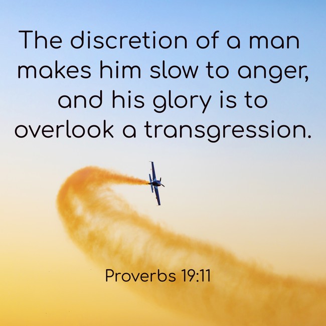 The discretion of a man makes him slow to anger, and his glory is to overlook a transgression. - Proverbs 19:11