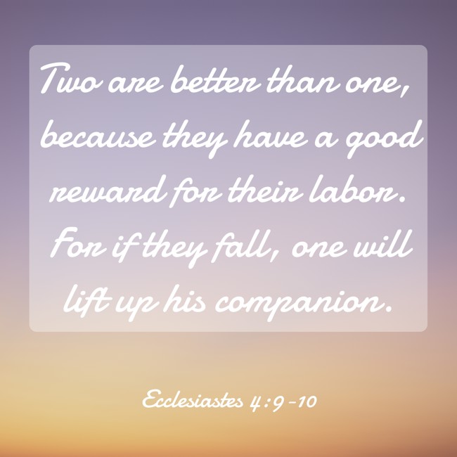 Two are better than one, because they have a good reward for their labor. For if they fall, one will lift up his companion. - Ecclesiastes 4:9-10