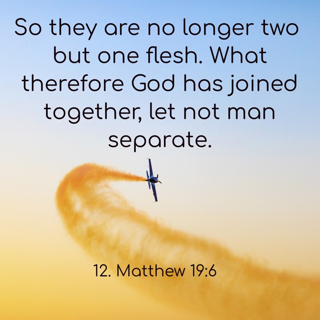 So they are no longer two but one flesh. What therefore God has joined together, let not man separate. - 12. Matthew 19:6