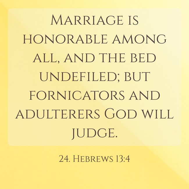 Marriage is honorable among all, and the bed undefiled; but fornicators and adulterers God will judge. - 24. Hebrews 13:4
