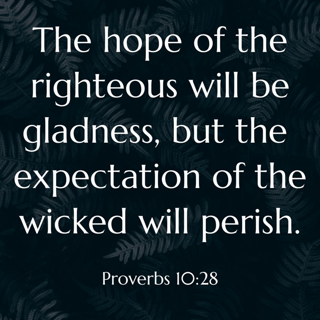 The hope of the righteous will be gladness, but the expectation of the wicked will perish. - Proverbs 10:28