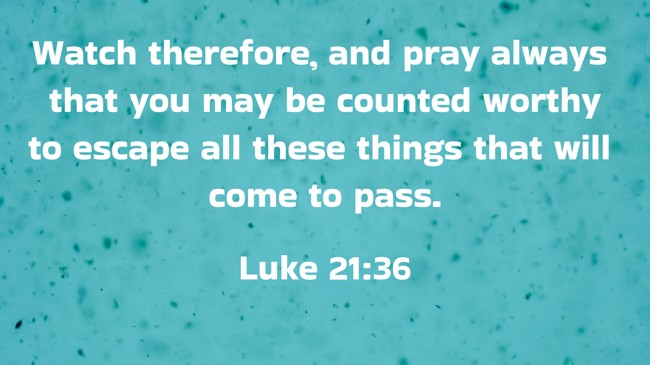 Watch therefore, and pray always that you may be counted worthy to escape all these things that will come to pass. - Luke 21:36