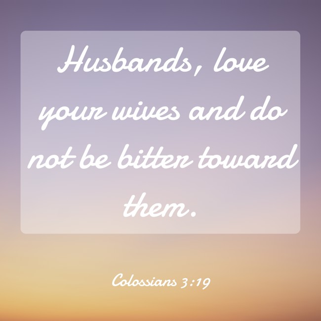 Husbands, love your wives and do not be bitter toward them. - Colossians 3:19