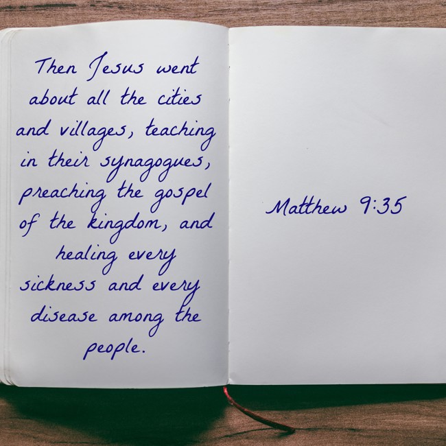 Then Jesus went about all the cities and villages, teaching in their synagogues, preaching the gospel of the kingdom, and healing every sickness and every disease among the people. - Matthew 9:35