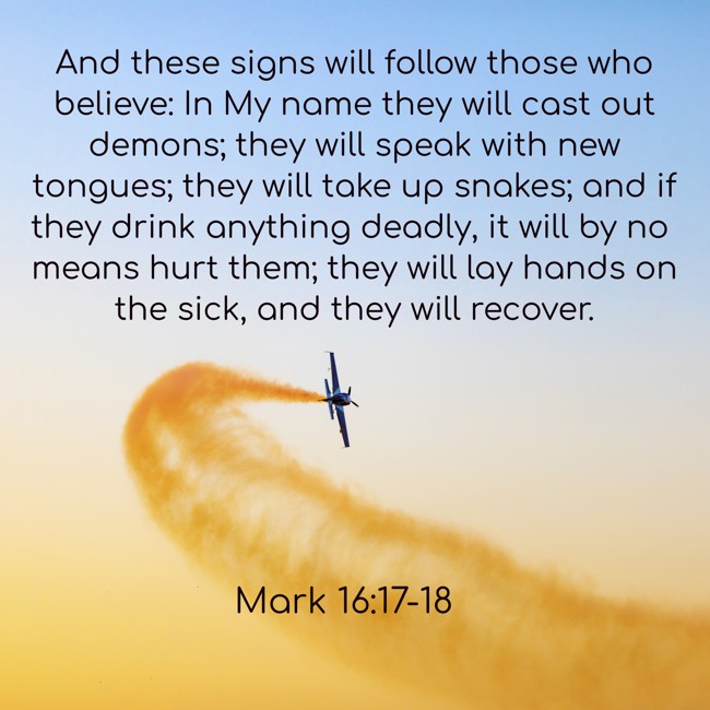 And these signs will follow those who believe: In My name they will cast out demons; they will speak with new tongues; they will take up snakes; and if they drink anything deadly, it will by no means hurt them; they will lay hands on the sick, and they will recover. - Mark 16:17-18