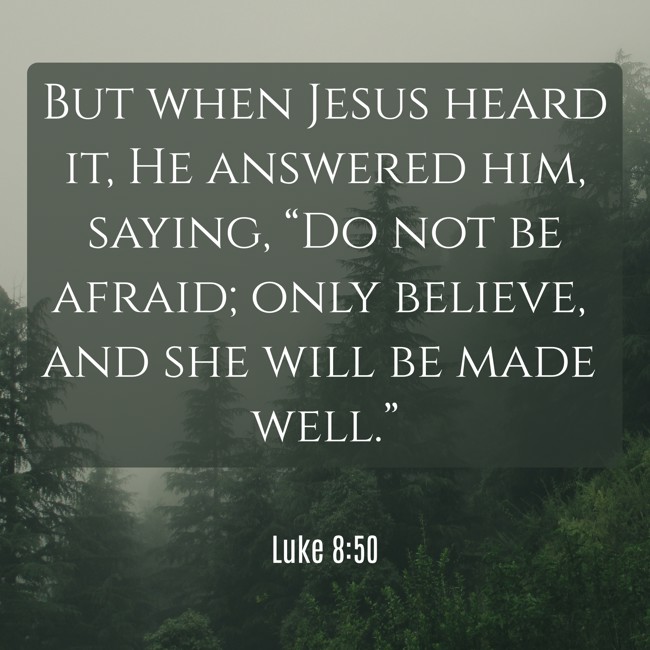 But when Jesus heard it, He answered him, saying, “Do not be afraid; only believe, and she will be made well.” - Luke 8:50