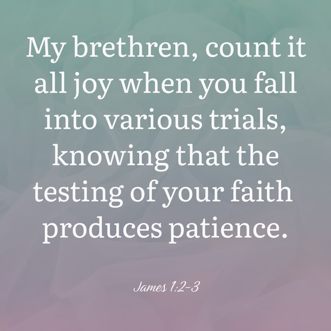 My brethren, count it all joy when you fall into various trials, knowing that the testing of your faith produces patience. - James 1:2-3
