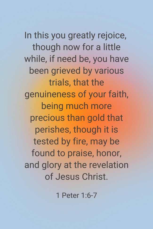 In this you greatly rejoice, though now for a little while, if need be, you have been grieved by various trials, that the genuineness of your faith, being much more precious than gold that perishes, though it is tested by fire, may be found to praise, honor, and glory at the revelation of Jesus Christ. - 1 Peter 1:6-7
