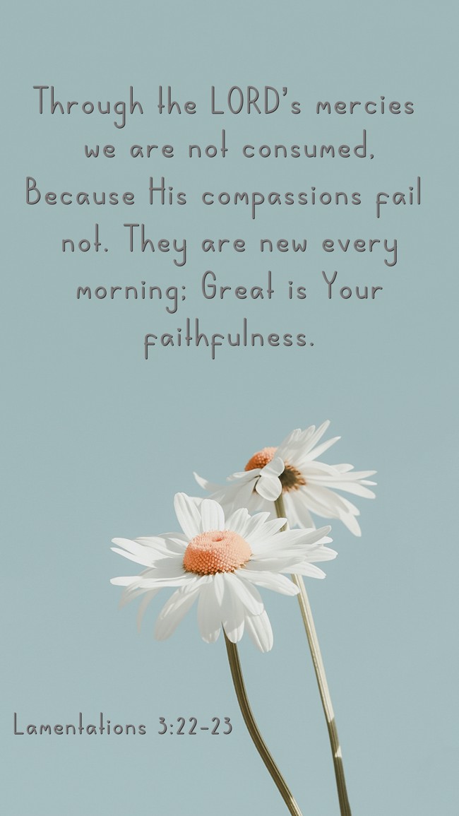Through the LORD’s mercies we are not consumed, Because His compassions fail not. They are new every morning; Great is Your faithfulness. - Lamentations 3:22-23