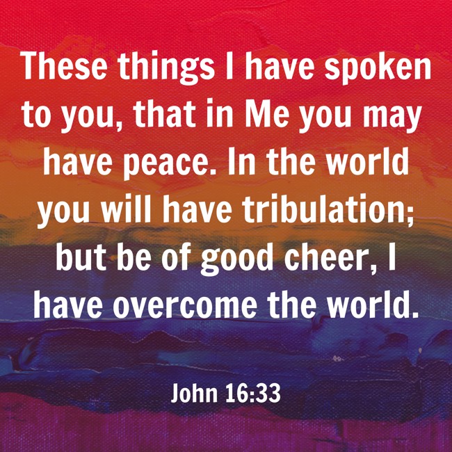These things I have spoken to you, that in Me you may have peace. In the world you will have tribulation; but be of good cheer, I have overcome the world. - John 16:33