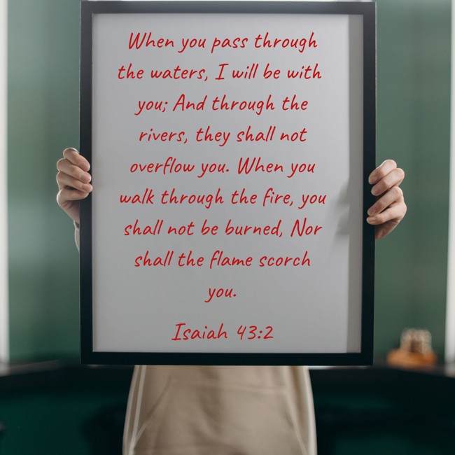 When you pass through the waters, I will be with you; And through the rivers, they shall not overflow you. When you walk through the fire, you shall not be burned, Nor shall the flame scorch you. - Isaiah 43:2