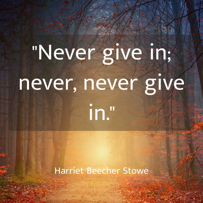 Never give in; never, never give in. - Harriet Beecher Stowe