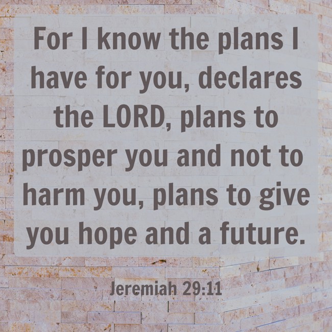 For I know the plans I have for you, declares the LORD, plans to prosper you and not to harm you, plans to give you hope and a future. - Jeremiah 29:11