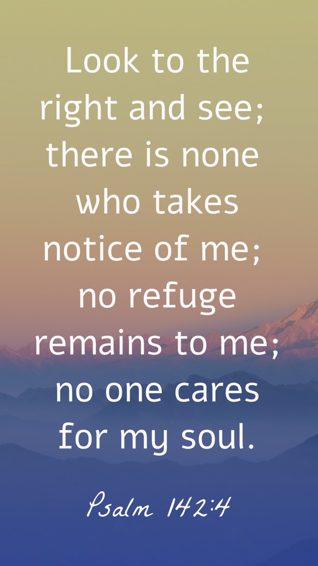 Look to the right and see; there is none who takes notice of me; no refuge remains to me; no one cares for my soul. - Psalm 142:4