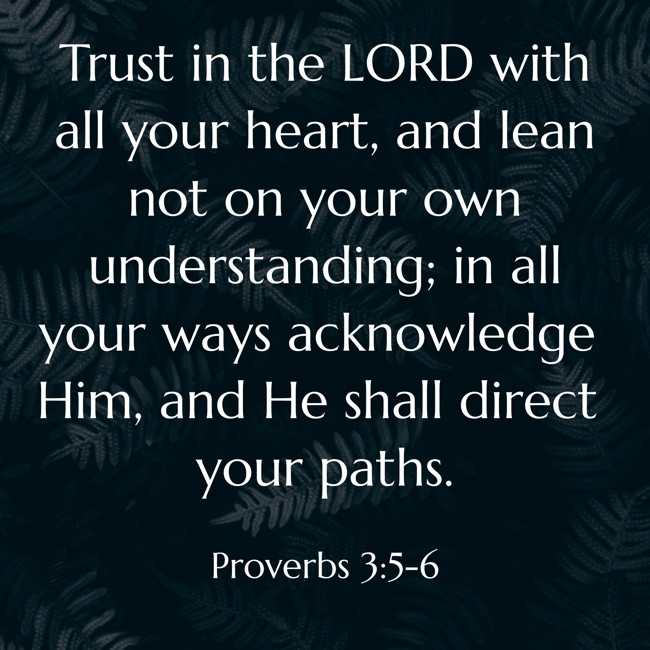 Trust in the LORD with all your heart, and lean not on your own understanding; in all your ways acknowledge Him, and He shall direct your paths. - Proverbs 3:5-6