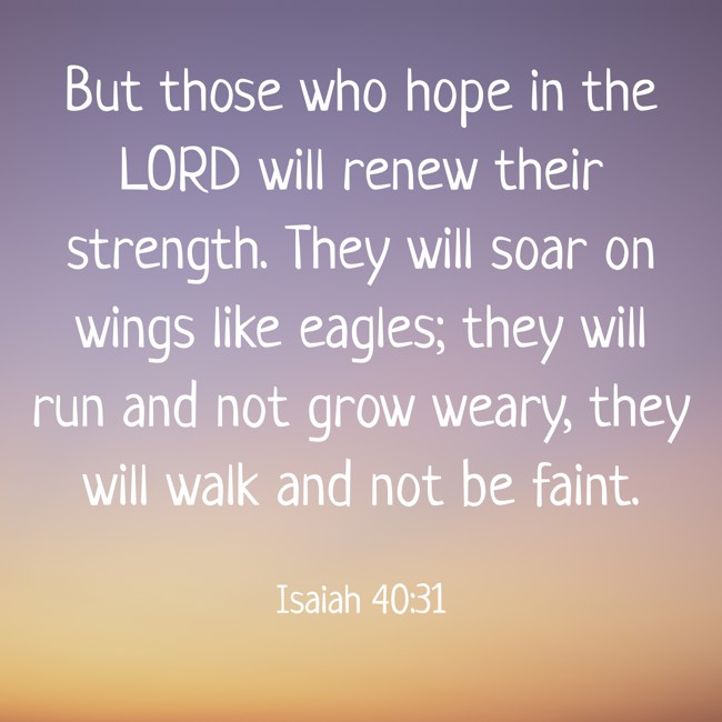 But those who hope in the LORD will renew their strength. They will soar on wings like eagles; they will run and not grow weary, they will walk and not be faint. - Isaiah 40:31