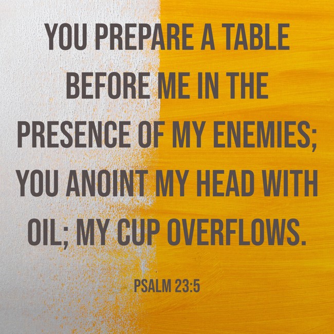 You prepare a table before me in the presence of my enemies; you anoint my head with oil; my cup overflows. - Psalm 23:5